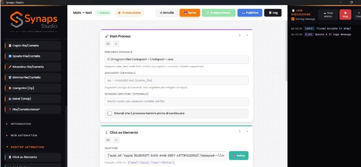 Designer visuale di Synaps Studio: attività a blocchi e log di esecuzione in tempo reale